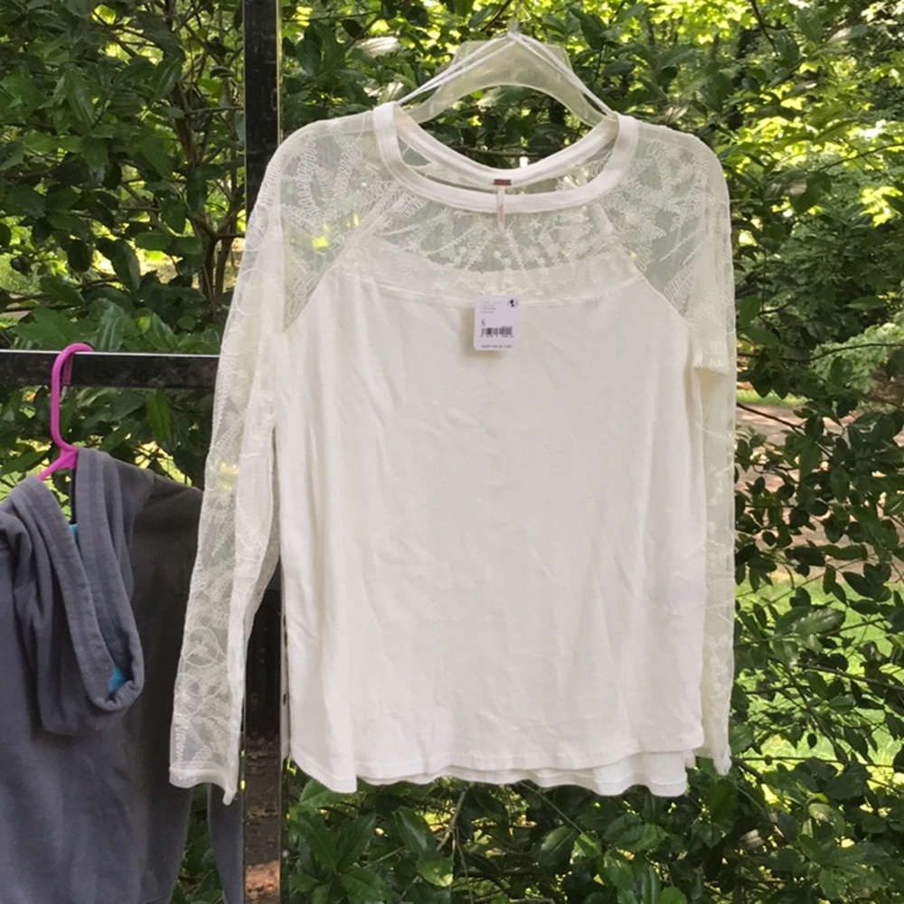 NWT Free People Love Dove Cream Top Blouse Sheer Embroidered Sleeves & Yoke S